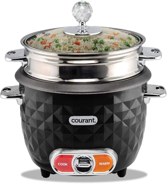 Courant 10-Cup (Cooked) / 5-Cup Uncooked Rice Cooker and Steamer with One-Touch Operation, Automatic Keep Warm Function, and Chrome Accents, Black