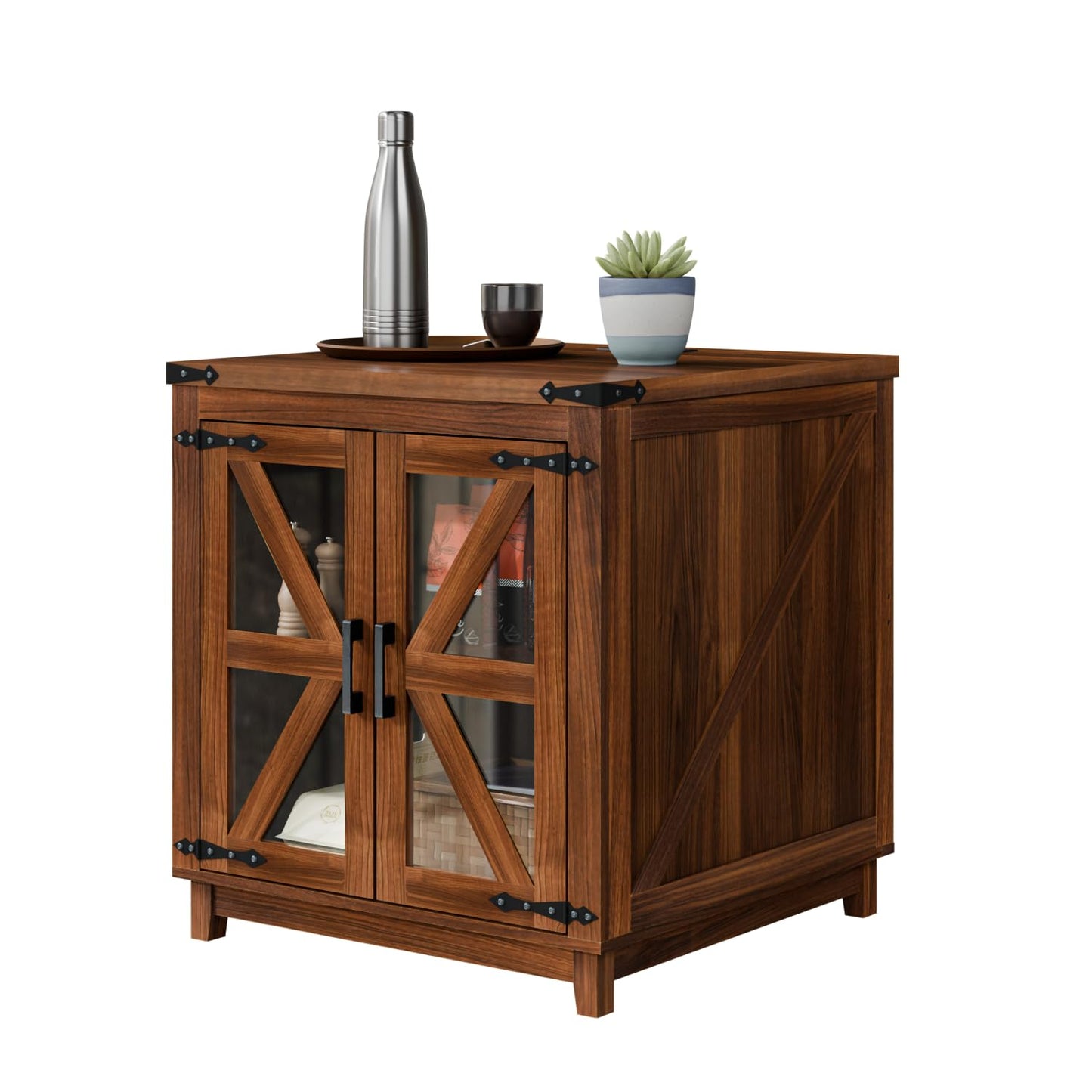 VITESSE Farmhouse End Table, 24" Large Wood Square Nightstand with Doors, Sofa Side Table with Charging Station Modern Nightstand Storage Cabinet for Living Room, Bedroom, Entryway (Brown)