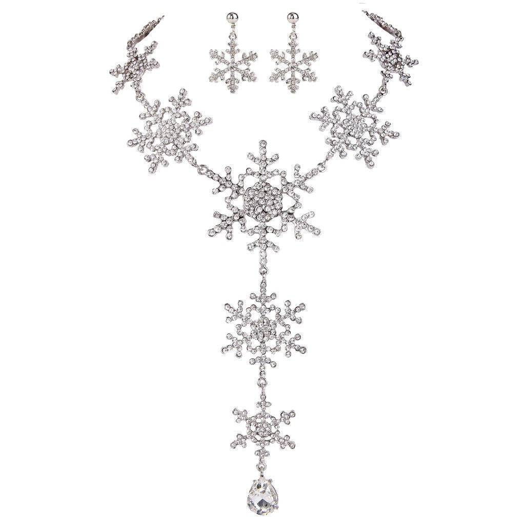 EVER FAITH Austrian Crystal Tear Drop Snowflake Necklace Earrings Set Clear Silver-Tone
