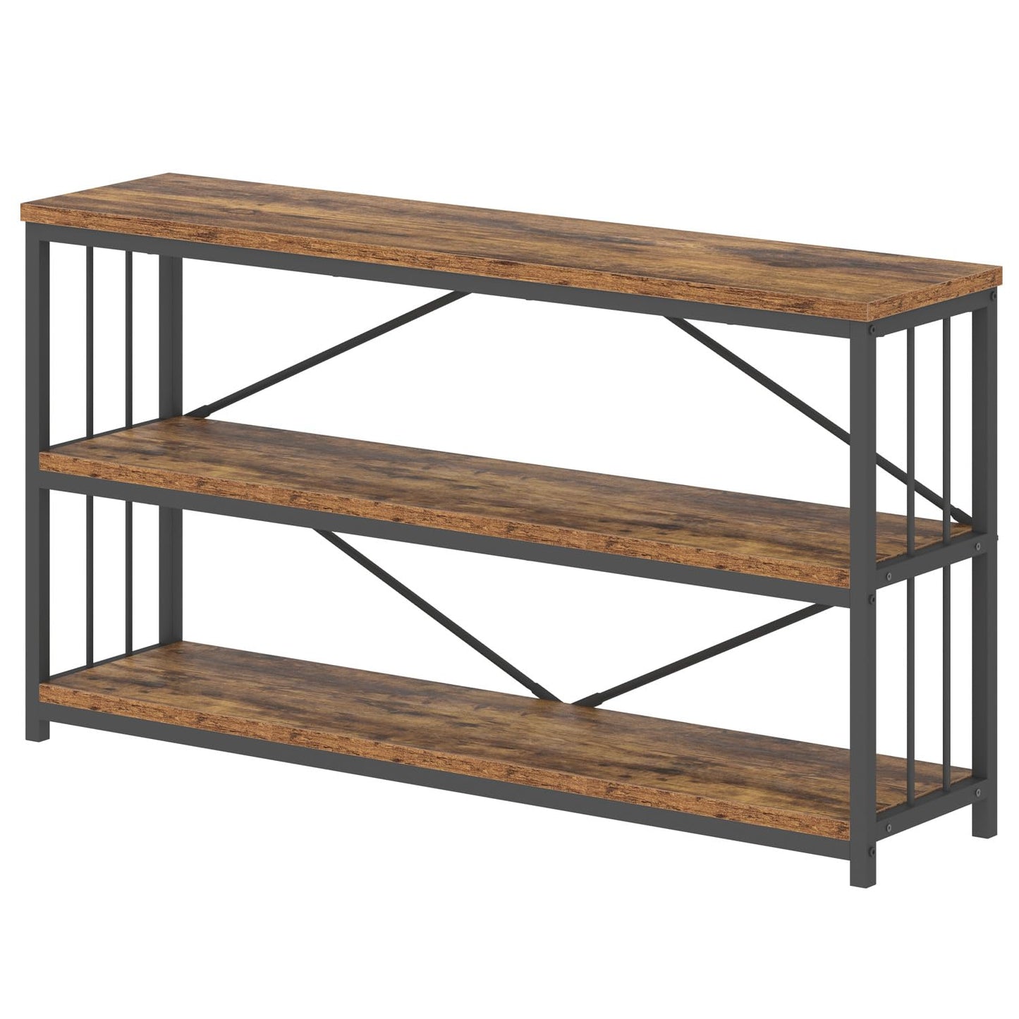 LVB Industrial Console Entryway Table, Metal Wood Rustic Sofa Table with Storage, Farmhouse 3 Tier Shelf Long Hallway Foyer Entry Tables Behind Couch for Home Living Room Entryway, Rustic Brown, 55 In