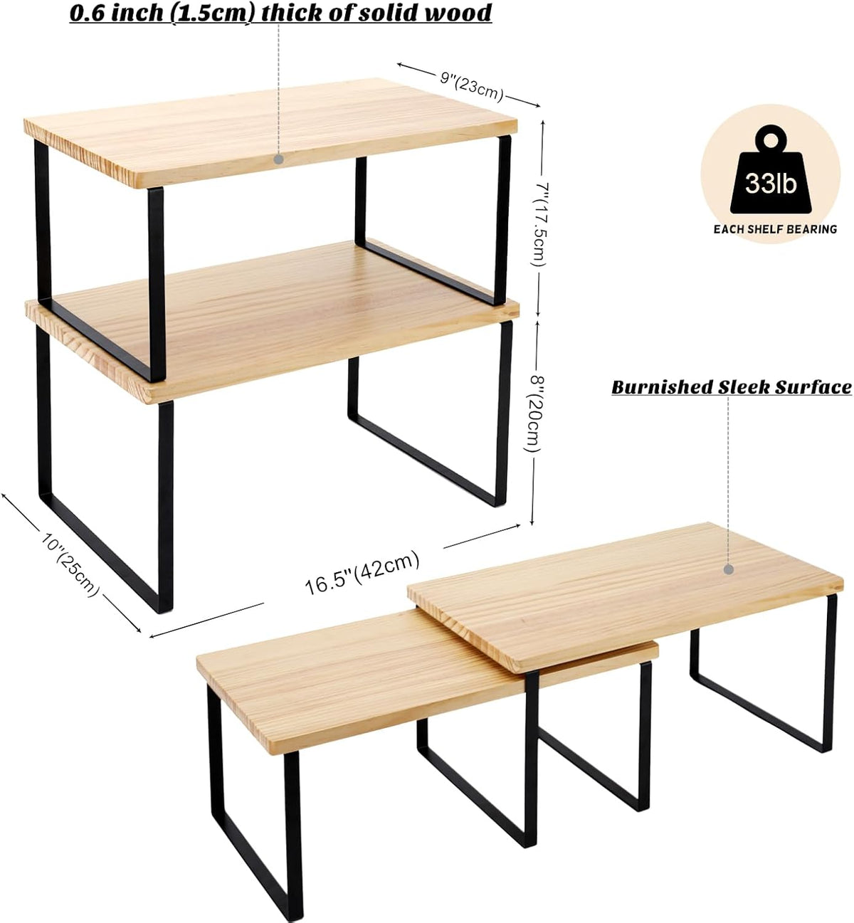 Bamber Large Cabinet Shelf Organizers Solid Wood Spice Rack Organizer for Cabinet Kitchen Countertop Storage, 16.5x10 Inches, Set of 2