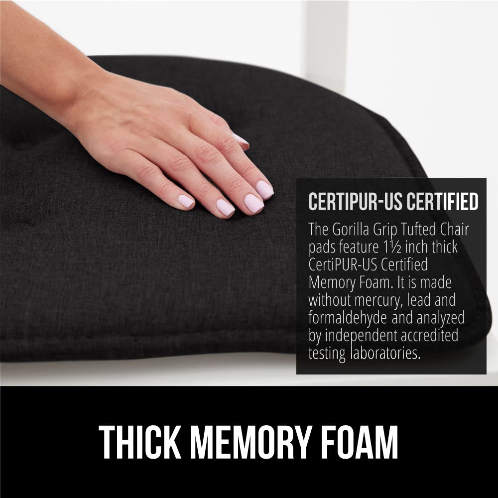 GORILLA GRIP Slip Resistant Tufted Chair Cushions, No Ties Required, Set of 6 Memory Foam Pads for Dining Room Kitchen Table, Office, Rocking Chairs, Plush Seat Cushion Pad, Home Decor, 16x17, Black