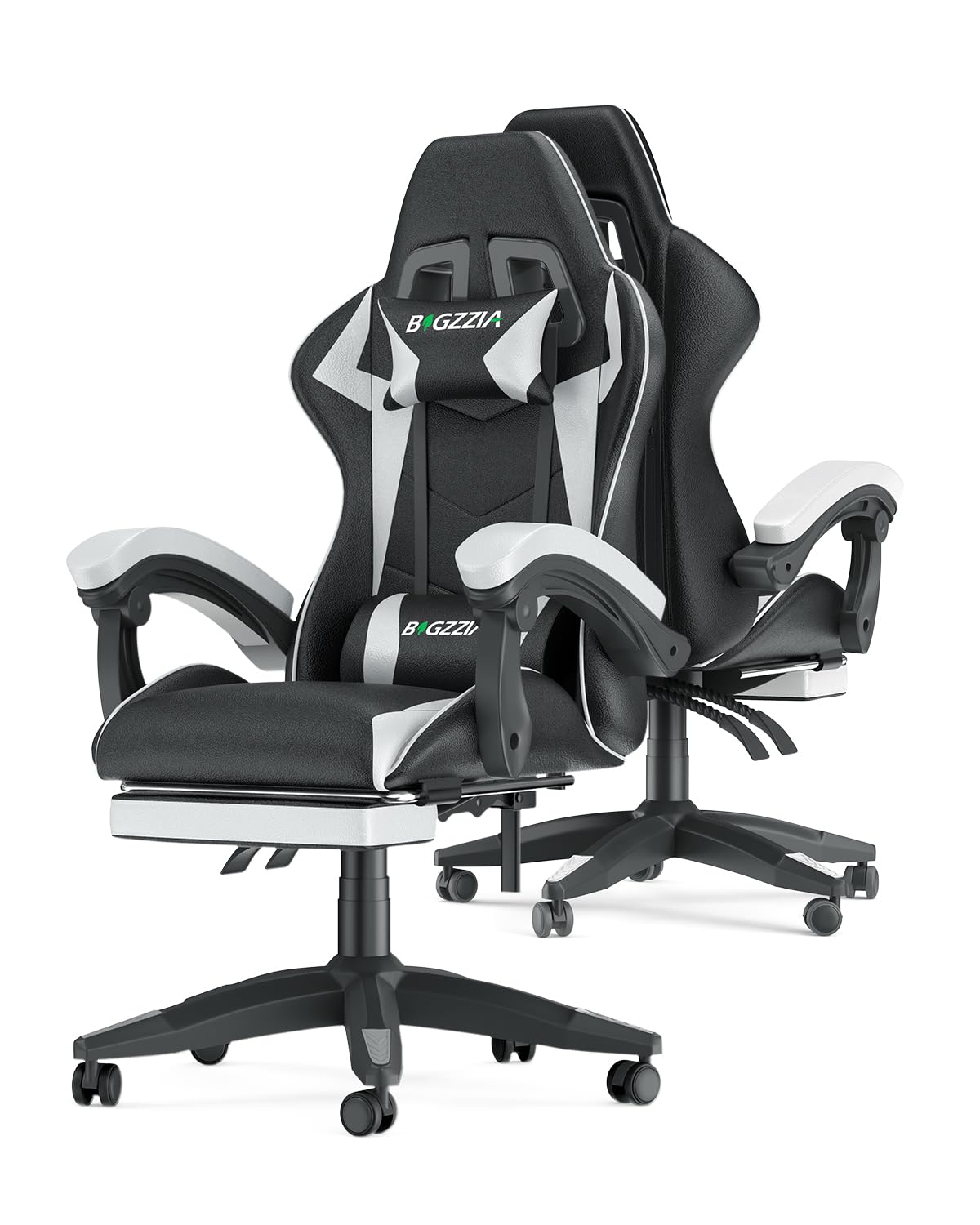 Bigzzia Gaming Chair with Footrest, Ergonomic Computer Game Chairs, Headrest and Lumbar Support, Adjustable Height, Reclining, Racing Style, and 360°Swivel Seat, Black/White