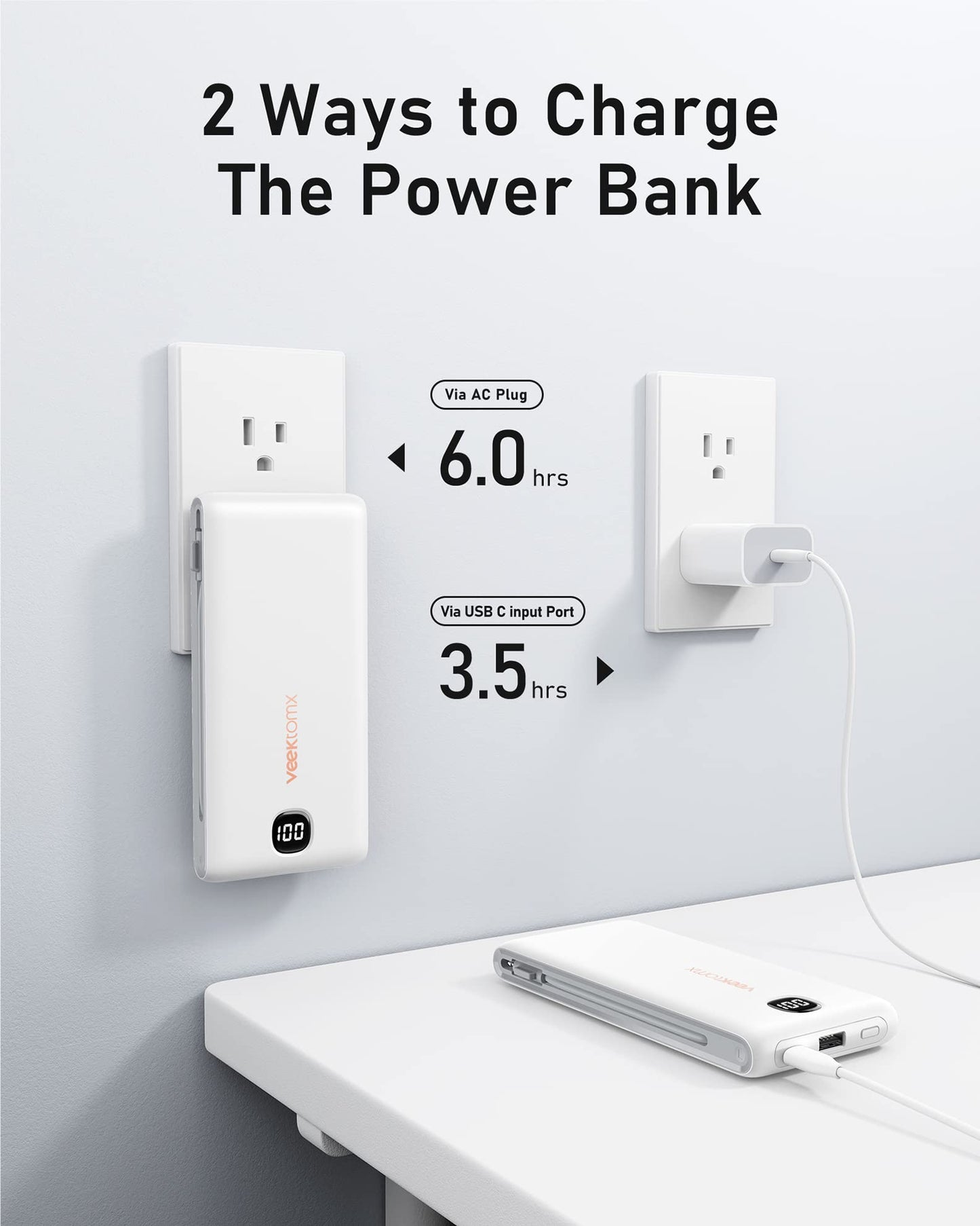 VEEKTOMX Portable Charger with Built in Cables 10000mAh, Power Bank for iPhone with Wall Plug, Travel Essential Fast Charging USB C Slim External Battery Pack for iPhone16/15/14, Samsung, iPad, etc