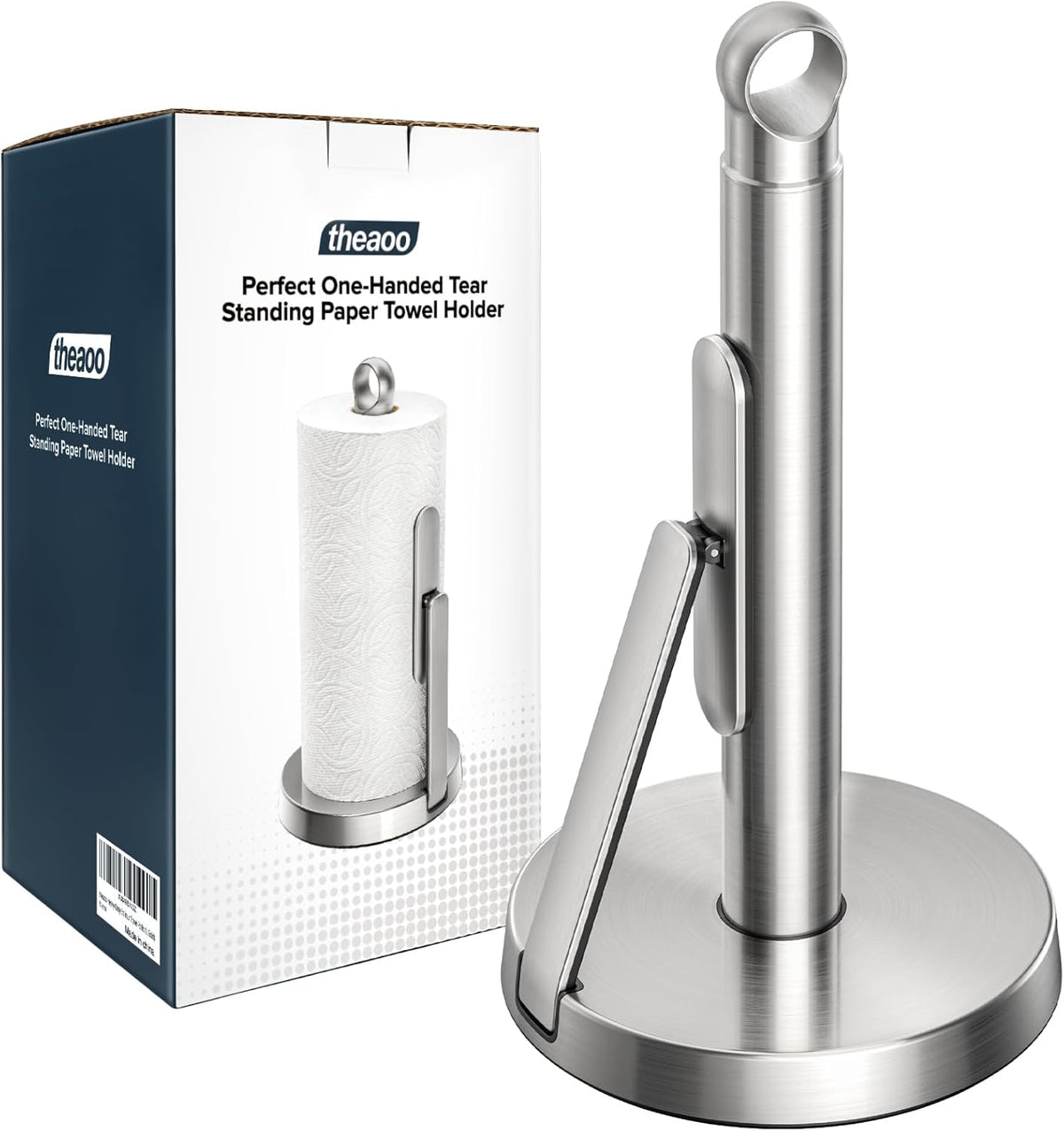theaoo Heavy-Duty Stainless Steel Paper Towel Holder with Tension Arm – Easy One-Handed Tear, Modern Standing Countertop Dispenser for Kitchen, Holds All Paper Towel Rolls (1, Silver)