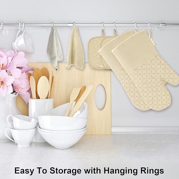 KEGOUU Oven Mitts and Pot Holders 6pcs Set, Kitchen Oven Glove High Heat Resistant 500 Degree Extra Long Oven Mitts and Potholder with Non-Slip Silicone Surface for Cooking (Beige)