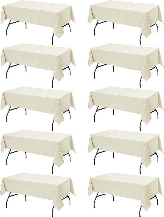 10-Pack Ivory Tablecloths for Rectangle Tables, 60 x 102 Inches, Stain-Resistant Polyester Fabric for 6 Foot Tables - Washable Table Covers for Weddings, Banquets, Birthday Parties, Events