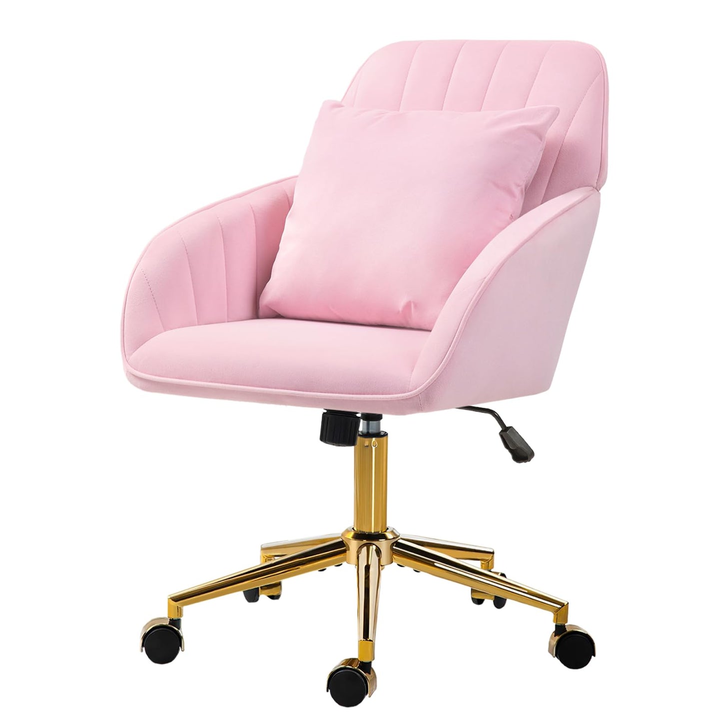 Home Office Desk Chair Comfy with Adjustable Swivel Wheels, Modern Velvet Makeup Vanity Chair with Back & Pillow, Ergonomic Office Chair Computer Task Chair for Living Room, Bedroom, Pink