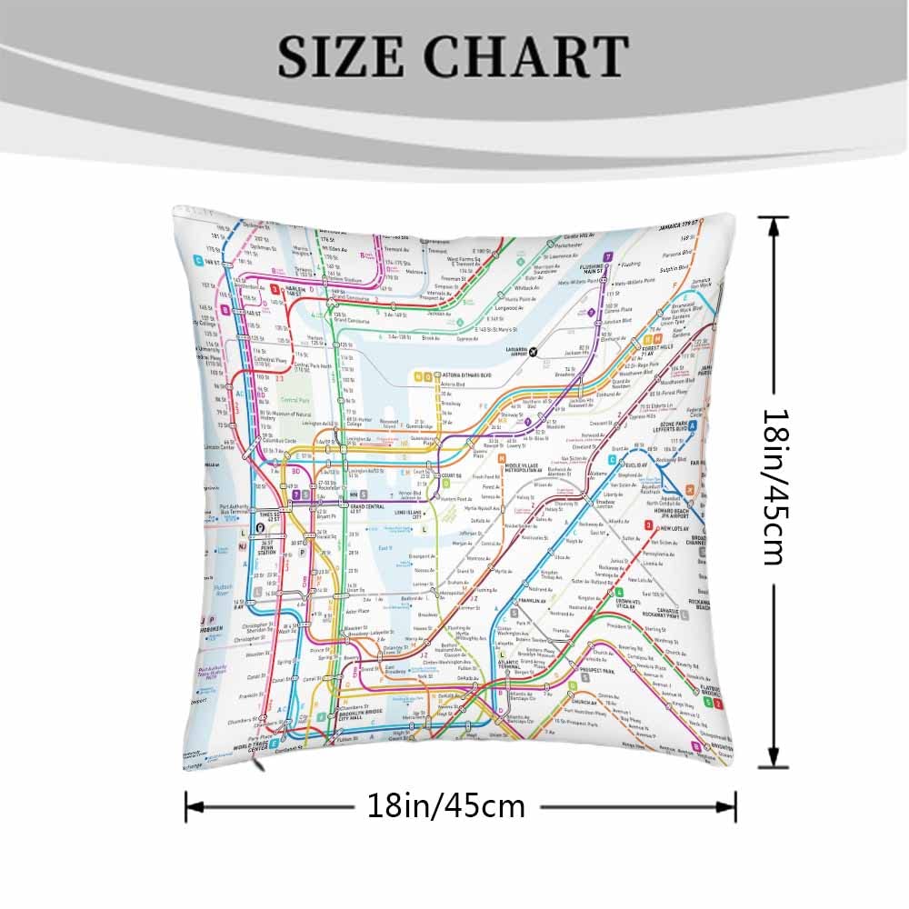 Beabes Throw Pillow Covers New York Subway Map Route Red Blue Orange Purple Green Pink Soft Decorative Square,Pack of 2 Cushion Case for Sofa Bedroom Car 18X18 Inch 45X45 Cm