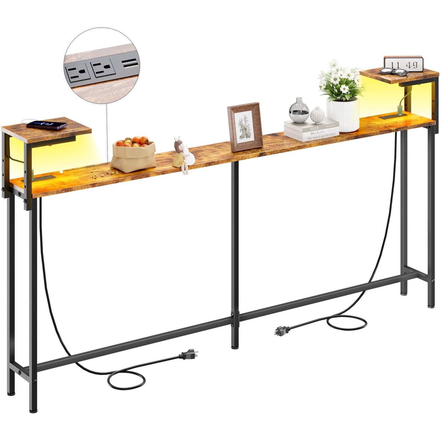 HLDIRECT 71 Inch Couch Table Behind Sofa with Double Storage Shelves, Narrow Long Console Table with LED Light & Outlet for Living Room,Entryway Desk for Hallway, Rustic Brown