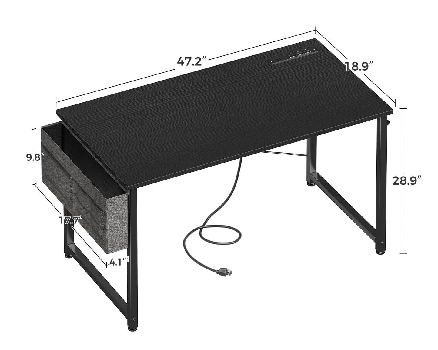 ODK Computer Desk - 48 Inch Office Writing Desk for Home, Student Study Desk with Storage Bag, Headphone Hook & Power Outlets, Modern Simple Table for Bedroom, Black