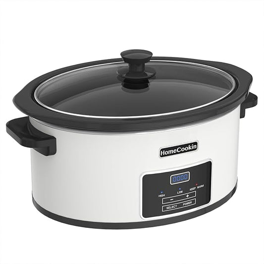 8-Quart Programmable Slow Cooker with Timer Keep Warm - Small Kitchen Appliance for Family Dinners - Serves 6+ People - Heat Settings: Keep Warm(White, Black Liner)