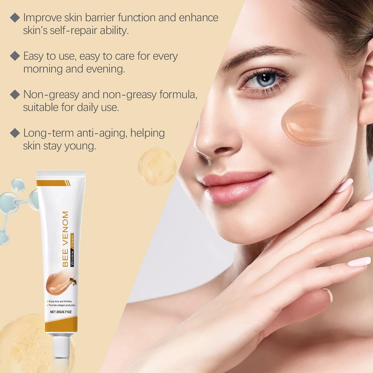 Bee Venom Moisturiser Cream Wrinkle Removal & Firming, Anti-Aging Eye&Face Bee Venom Skin Treatment Cream, Natural And Non-Irritating, Lifting & Recovery For All Skin Type (3 Packs, 60g)