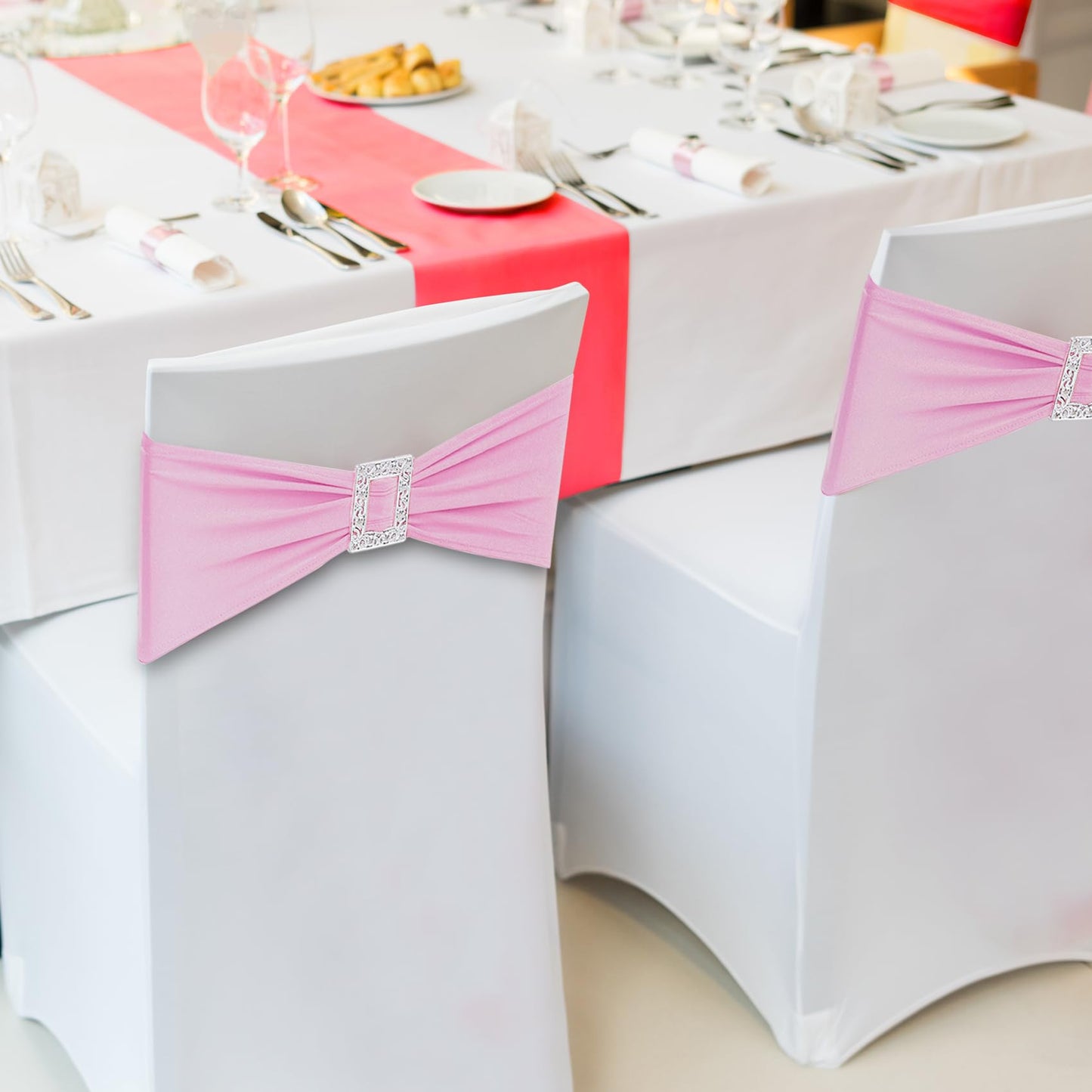 Joccun 30 PCS Spandex Chair Sashes Bows Stretch Chair Cover Band with Buckle Slider Universal Elastic Chair Ties for Wedding Banquet Party Event Decoration (Pink)