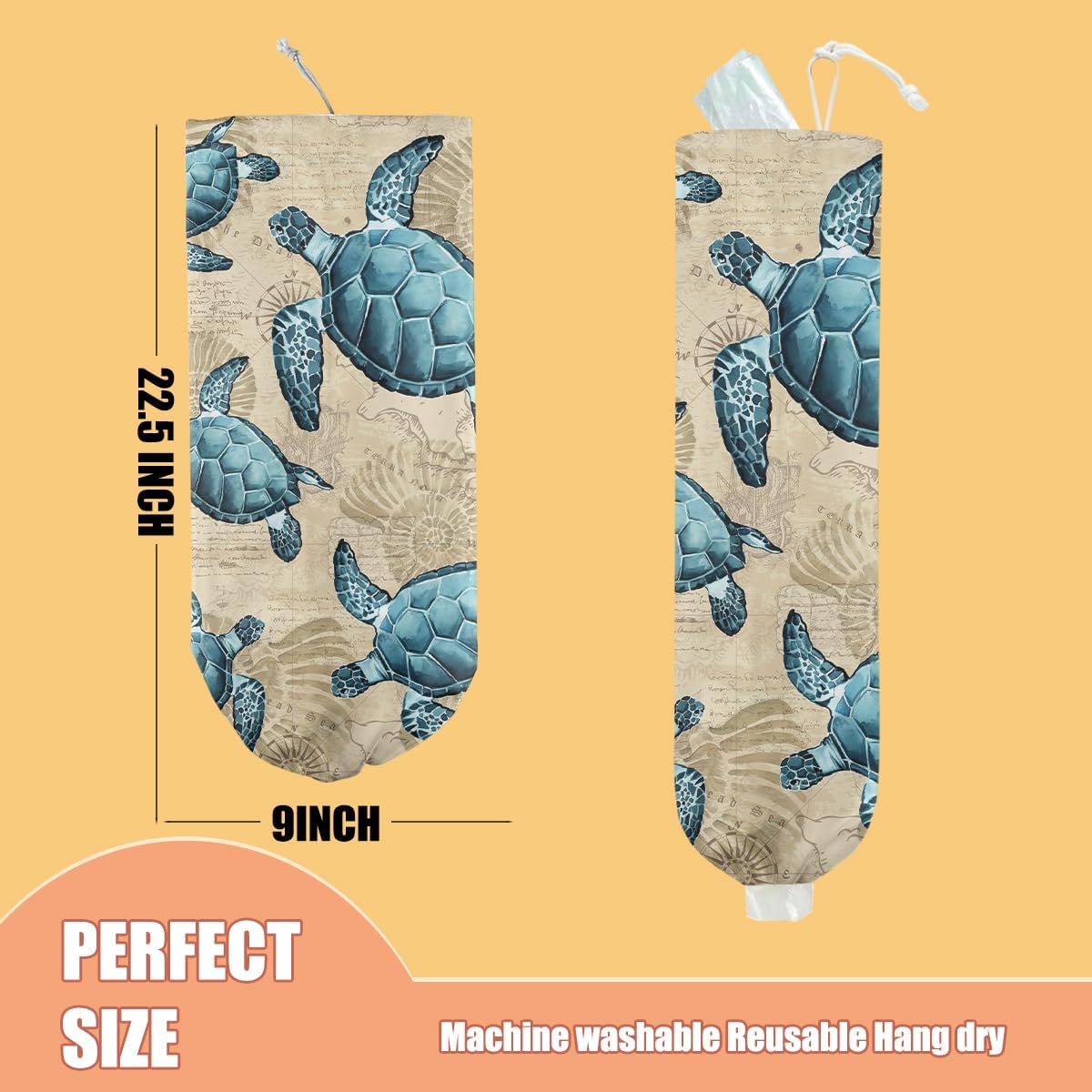 Sea Turtle Plastic Bag Holder, Wall Mount Grocery Bag Holder, Plastic Storage bag, Pull Rope Free Adjustment, Plastic Bag Holders for Grocery Bags, Plastic Bag Dispenser for Home Kitchen