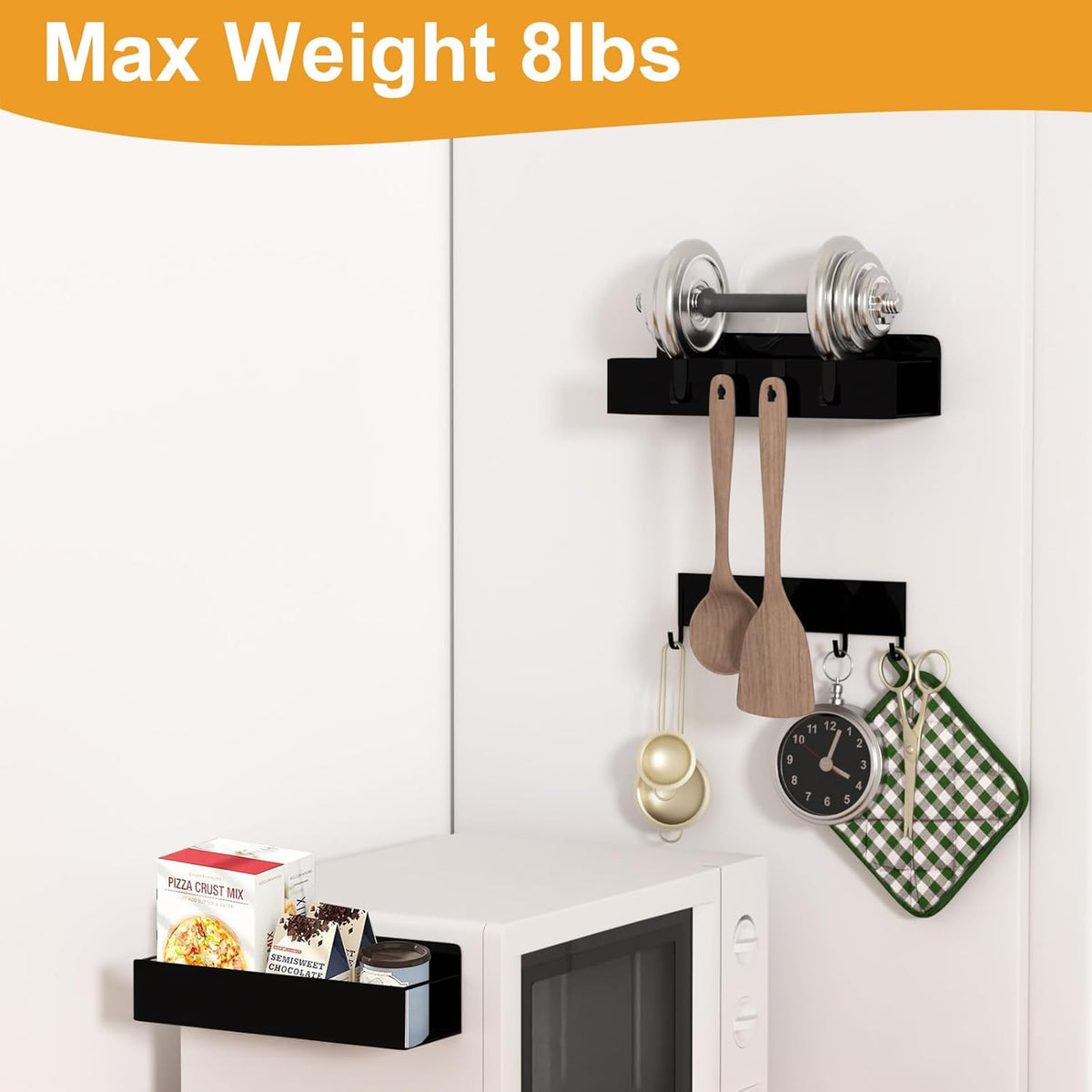 4 Pack Magnetic Spice Rack for Refrigerator,Metal Magnetic Shelf Black with Hook,Magnetic Knife Rack,4 Hooks,Space Saving for Home,Kitchen
