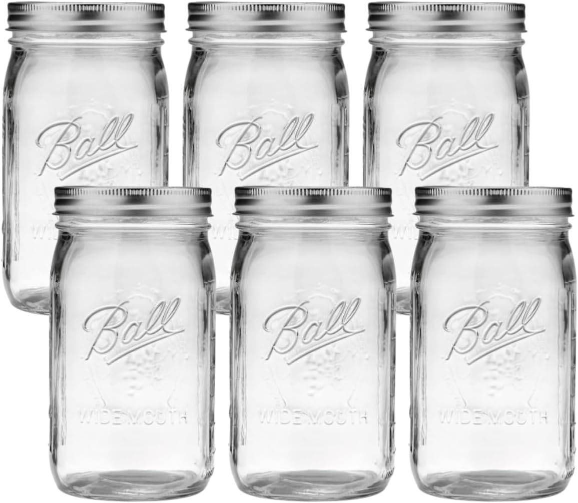 Ball Wide Mouth Glass Mason Jars with Lids and Bands, Used for Canning, Pickling, Juice, Jam, Jelly, Quart Size 32 Ounce (Pack of 6)