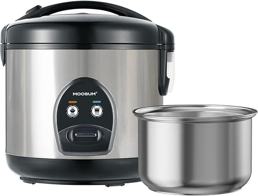 5-Cup Uncooked Rice Cooker, Electric One-Touch for Asian Japanese Sushi, Stainless Steel Inner Pot with Removable Lid & Steamer, Automatic Keep Warm, Silver