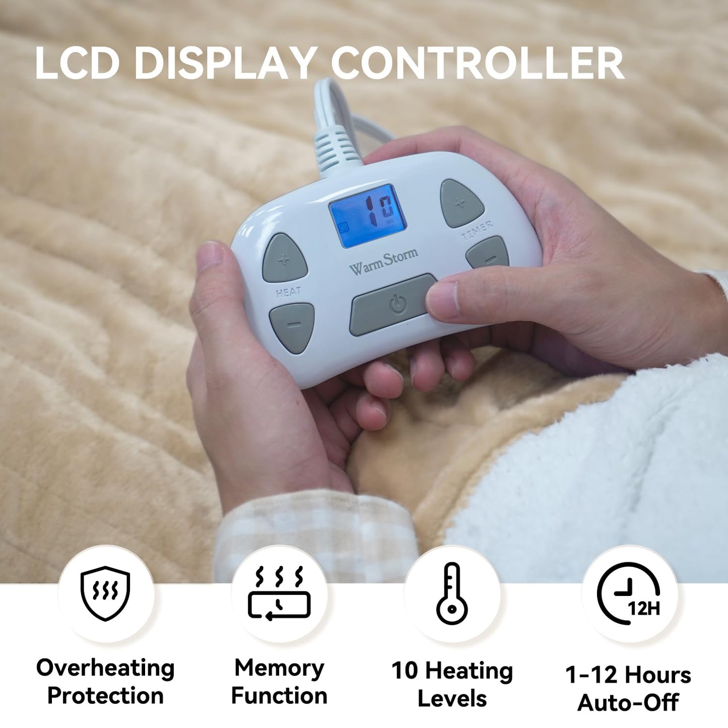 Heated Electric Blanket Queen Size 84"x90" Anti-Static Flannel and Sherpa Heating Warming Blanket with 10 Heating Levels 12 Hours Auto Off Fast Heating Over-Heat Protection Beige