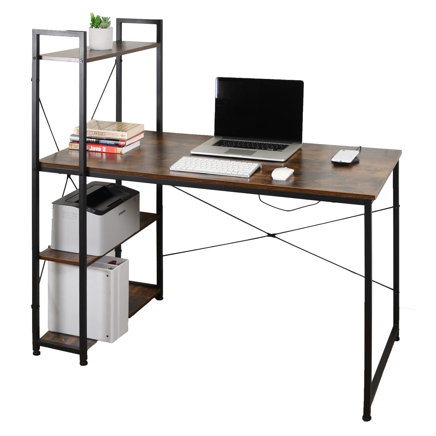 AEONS Computer Study Desk with Storage Shelves, Home Office Desk with Reversible Bookshelf Study Writing Table Corner Desk 47”, Wood & Metal, Space-Saving