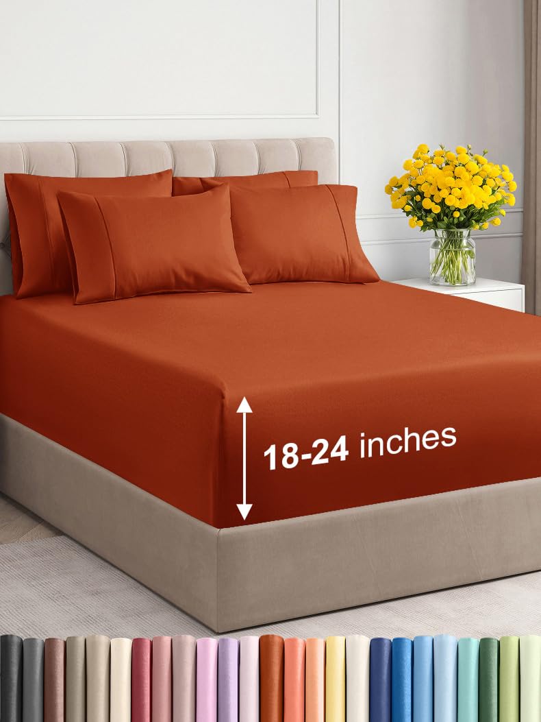 Extra Deep Full Sheet Set - 6 Piece Breathable & Cooling Sheets - Hotel Luxury Bedding Set with 18-24 Inch Extra Deep Pockets - Easy Fit - Super Soft, Wrinkle Free and Comfy - Terracotta, Full Size