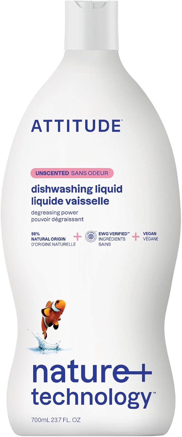 ATTITUDE Dish Soap, EWG Verified, Plant-Based & Vegan Dishwashing Liquid, Naturally Derived, Unscented, 23.7 Fl Oz