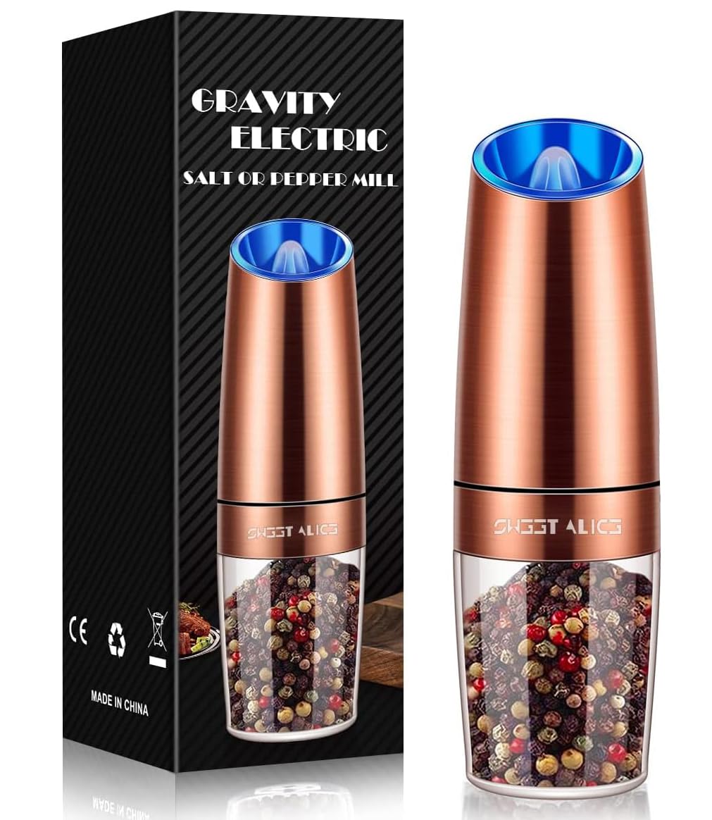 Sweet Alice Gravity Electric Pepper/Salt Grinder, Salt or Pepper Mill, Adjustable Coarseness, Battery Powered with LED Light, One Hand Automatic Operation, Stainless Steel (Single/Copper)