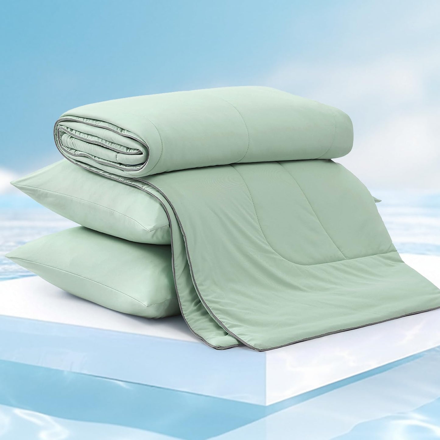 Monbix ChillChilla Cooling Comforter Queen Size-3 Pieces Cooling Blankets for Hot Sleepers and Night Sweats, Double-Sided Summer Queen Comforter Set, Breathable Lightweight Blanket Grey Green