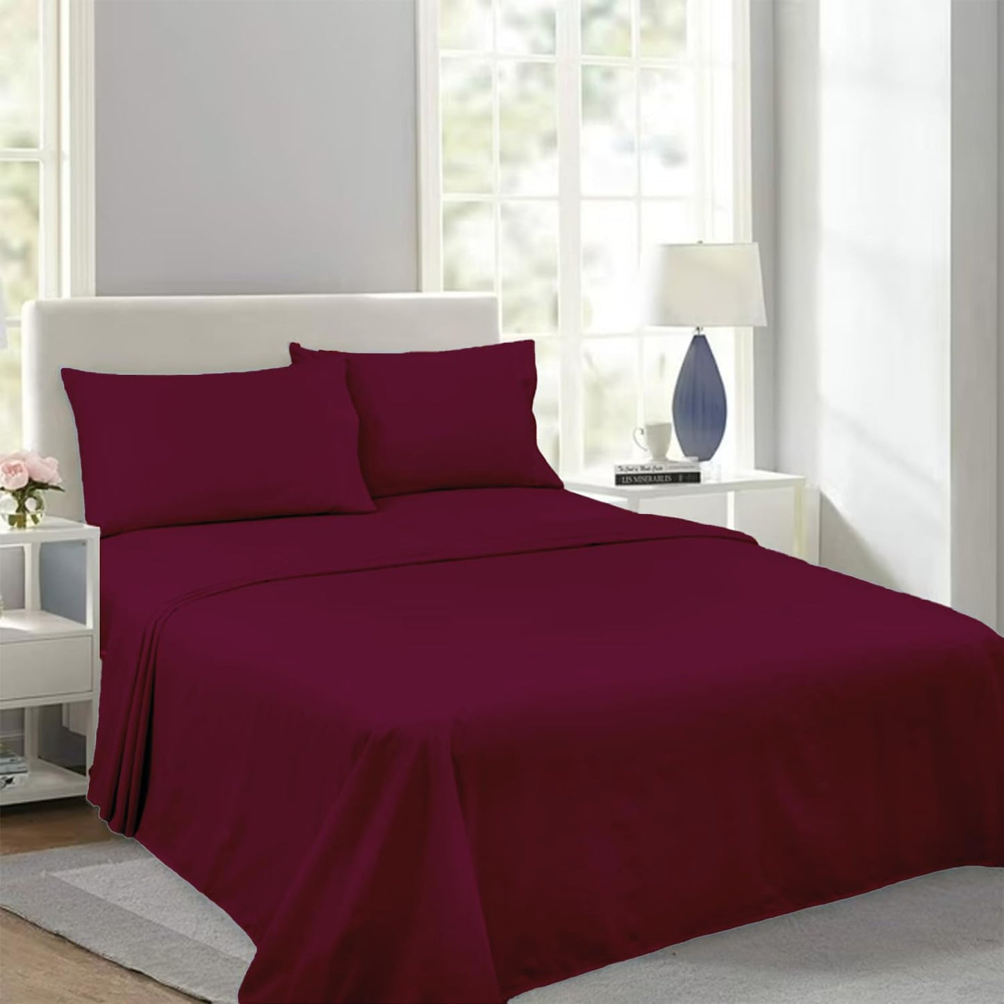 Thread Linen 100% Egyptian Cotton 1000 TC Sheet Set 4-PC Luxury Bedding with Soft Sateen 18" Deep Pocket Cooling Sheets for Home & Hotel - 1 Flat Sheet, 1 Fitted Sheet & 2 Pillowcases Queen (Burgundy)