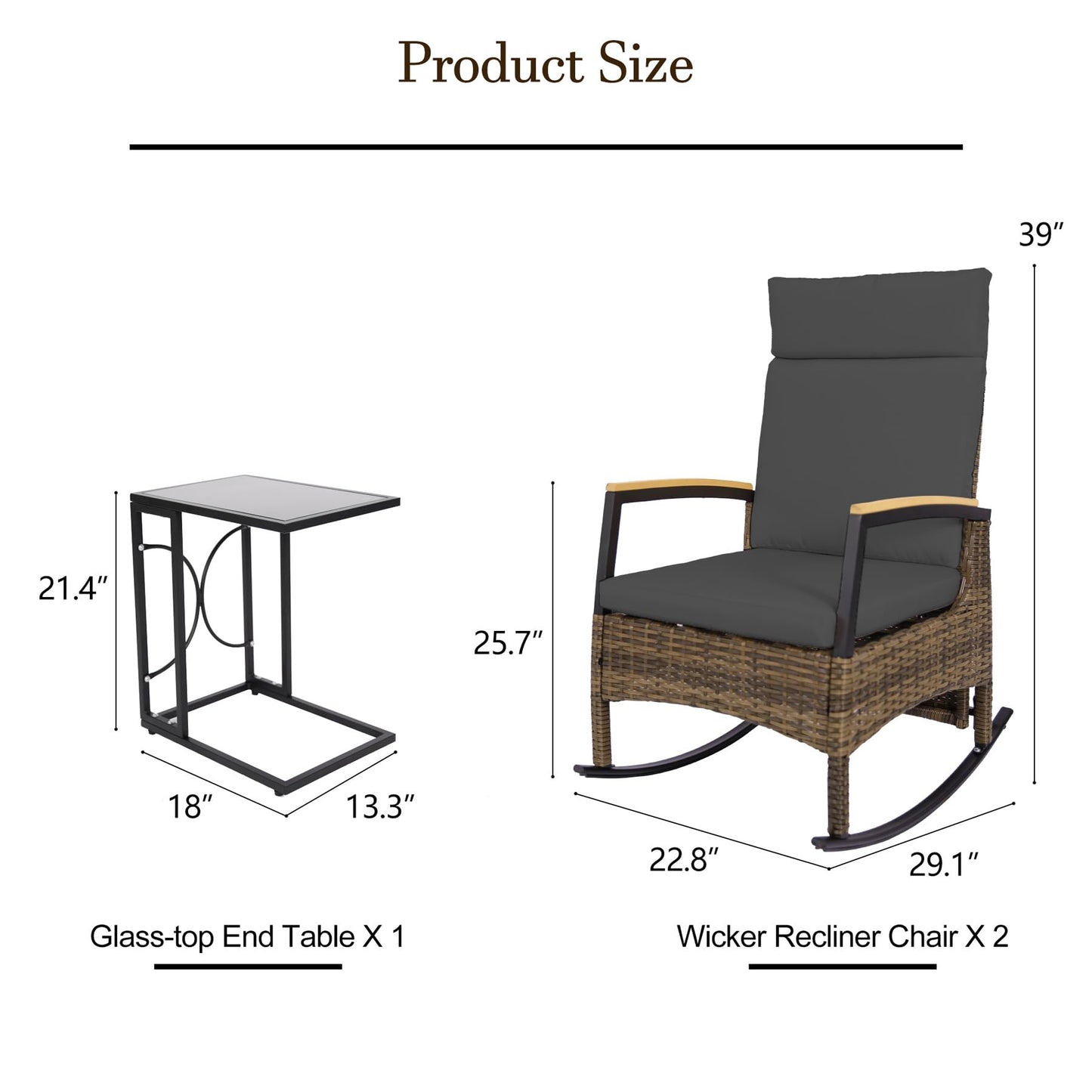 MAXXPRIME Outdoor Recliner Chair Set, Adjustable Patio Recliner with C Shaped Glass Top Side Table, Wicker Reclining Lounge Chairs, Rocking Chairs with Removable Cushions for Pool,Deck(Dark Gray)