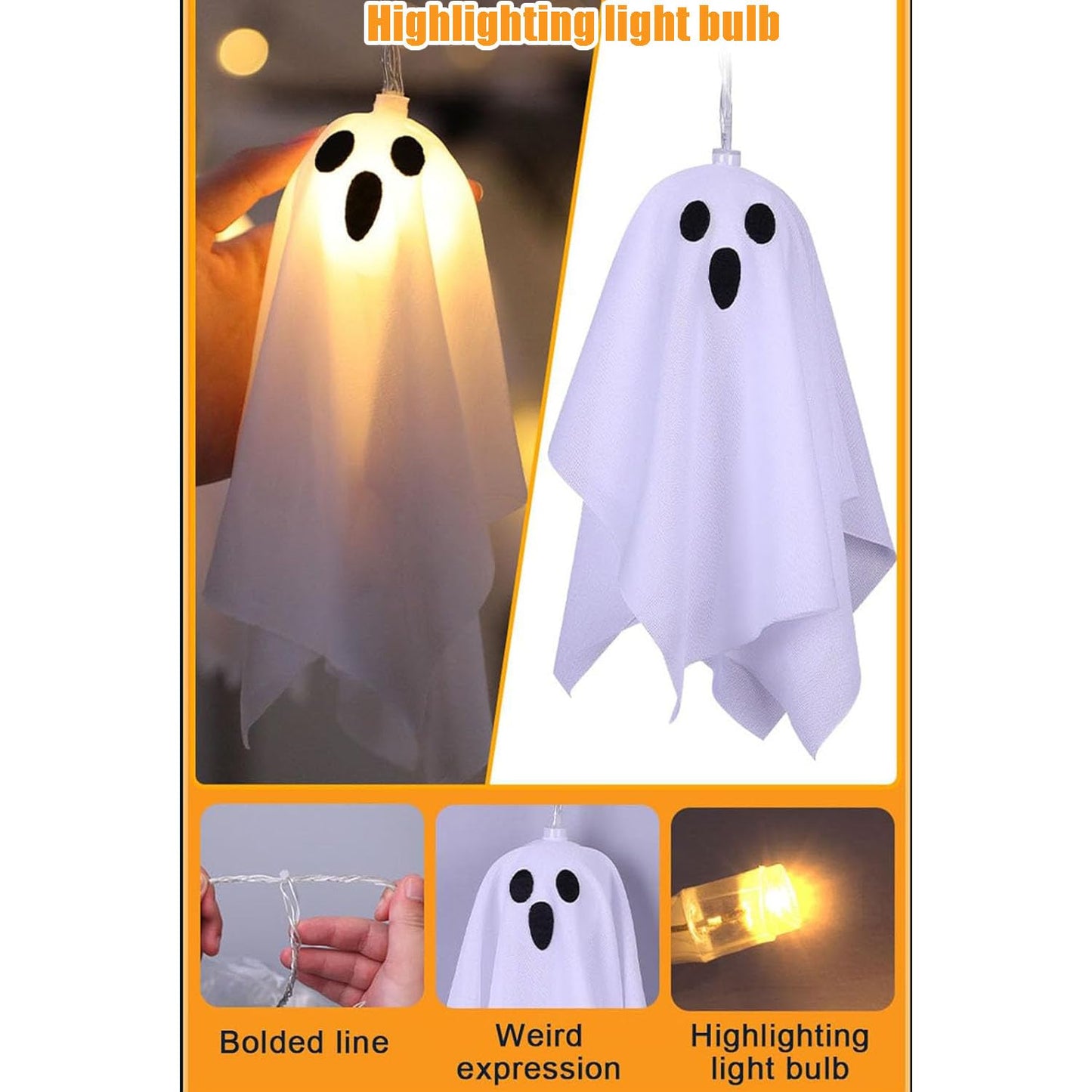 KooluWin 10 LED Ghost Battery Operated Halloween Lights, 8 Modes Ghost Hanging Lights String, Waterprof Spooky Halloween Decorations Indoor Outdoor for Party, Haunted House, Fireplace, Porch (2 Pcs)