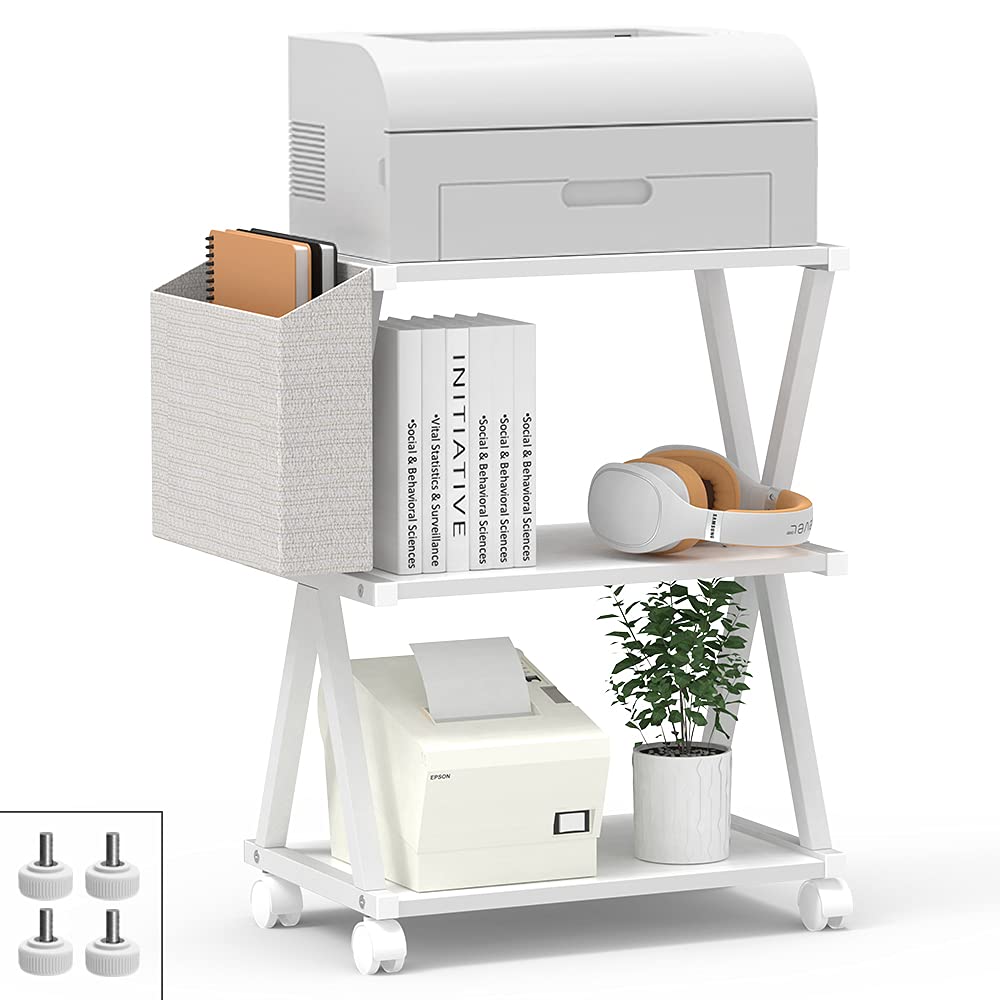 VEDECASA White Mobile Printer Stand 3 Tier Wood Shelf Metal Frame Printer Cart with Storage Bag for Home Office Modern Under Desk Table Side Printer Cart with Rolling Caster Wheel