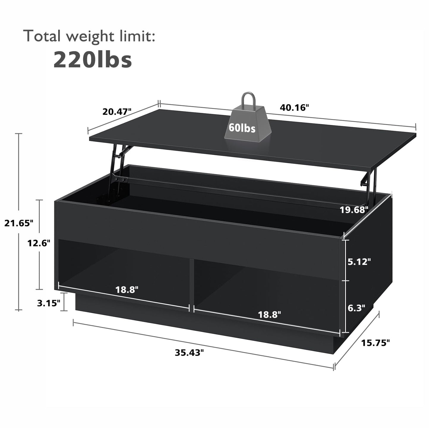 LED Coffee Table Black Lift Top Coffee Table with Storage Modern Tea Table with Hidden Compartment Lift Up Dining Center Table with LED Light for Living Room Home Office