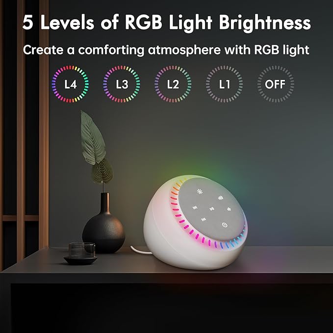 DreamSky White Noise Sound Machine with 26 Soothing Sounds & 30 Level Volume, RGB Night Light, Brown Noise for Sleeping Adults, Baby, Kids Sleep, Auto-Off Timer, USB-C Powered for Home Office Travel