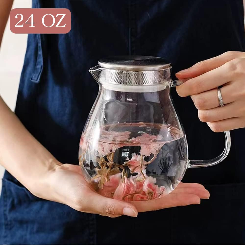 IwaiLoft Glass Teapot with Removable Stainless Steel Filter Lid Stovetop & Microwave Safe Borosilicate Glass Kettle for Loose Leaf, Blooming Tea And Coffee Sharing (24OZ)
