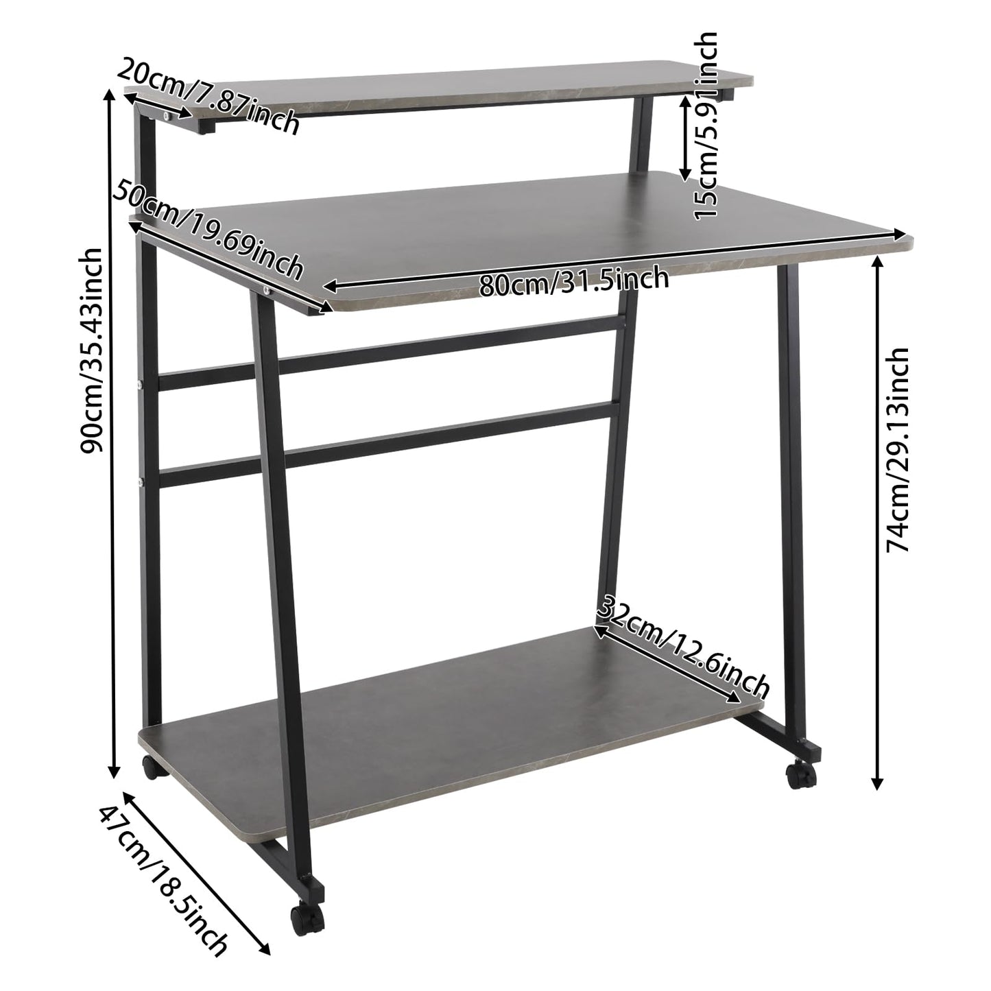 CNCEST Rolling Computer Desk, 3-Tier Computer Desk, 36inch Home Office Desk with Storage Shelves Used As A Computer Table, Study Table, Reading Table, Writing Table 31.5 * 19.69in (Black+Grey)