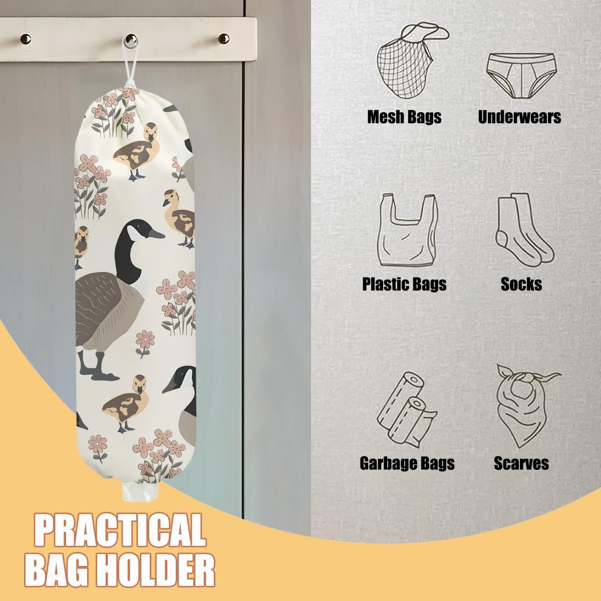 Duck Plastic Bag Holder, Wall Mount Grocery Bag Holder, Plastic Storage bag, Pull Rope Free Adjustment, Plastic Bag Holders for Grocery Bags, Plastic Bag Dispenser for Home Kitchen