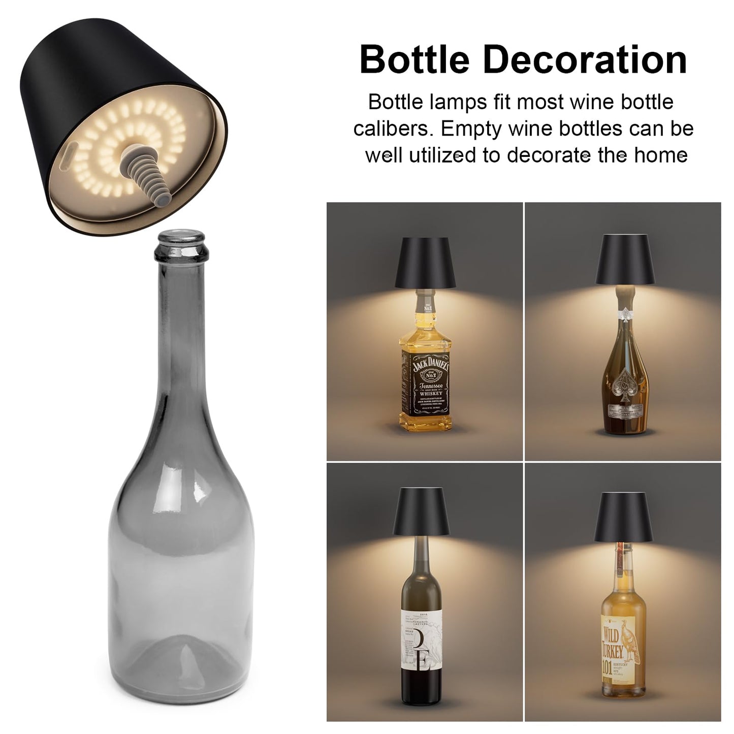 Coinmit Wireless Bottle Lamps, 2Pack Battery Portable Bottle Lamps, IP54 Waterproof 3000K Cordless Led Wine Bottle Light for Bars Outdoor Dining Bedroom Warm Light Black