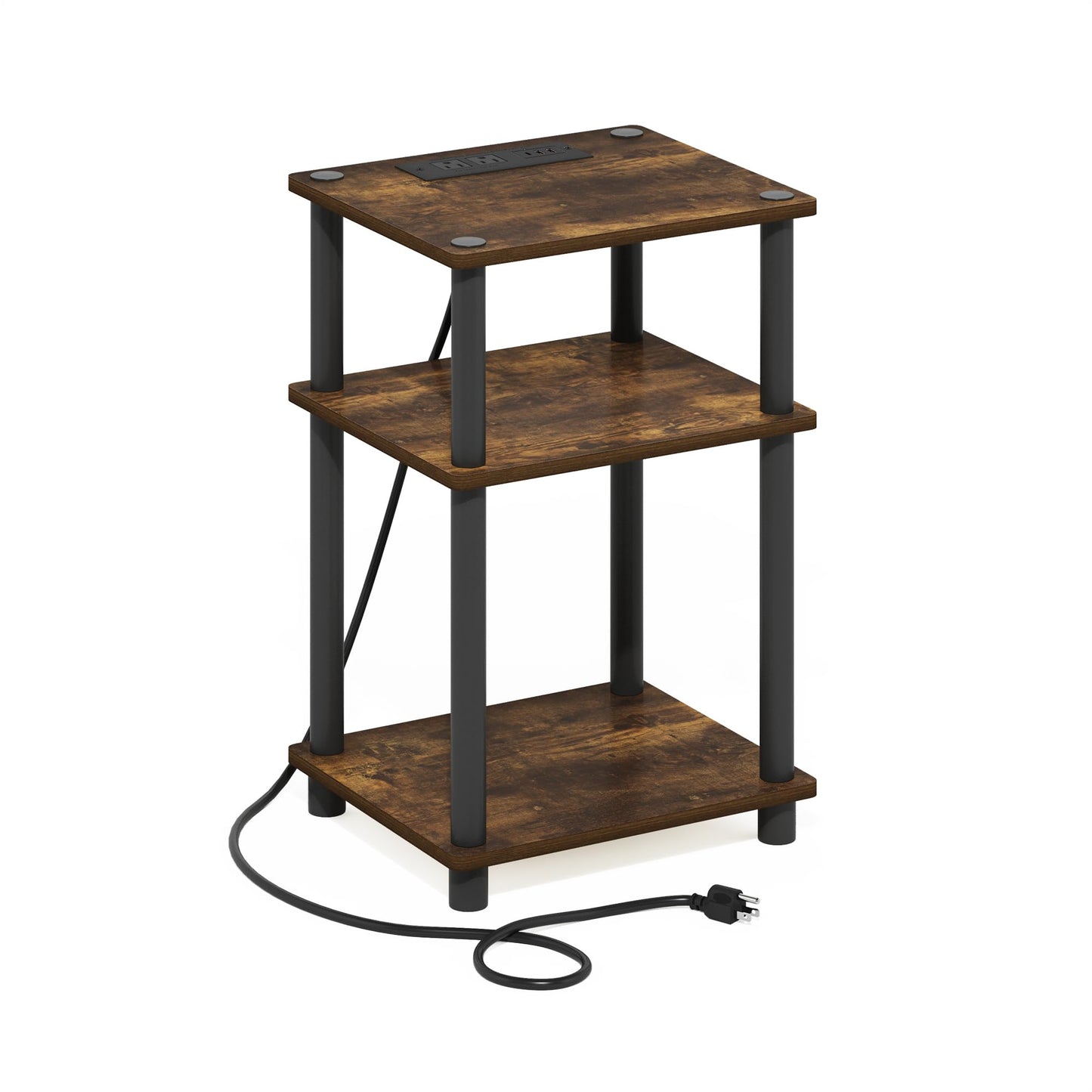 Furinno Just 3-Tier Turn-N-Tube USB and Type-C Charging Port End Table with Open Storage, 11.42 (W) x 8.82 (H) x 6.77 (D) inches, Amber Pine/Black