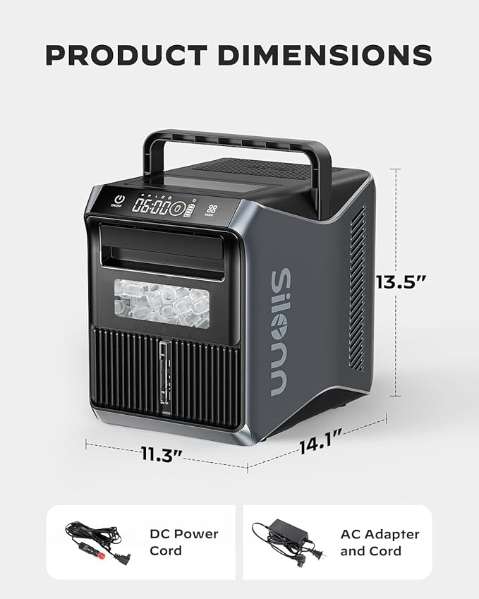 Silonn Battery-Powered Ice Maker with 4-Power, RV Ice Maker Countertop 12V/24V Car Charger 100-240V AC Solar-Ready, Portable Ice Machine 9 Cubes/6 Mins 22lbs/Day Auto-Clean for Camping RV Home Outdoor