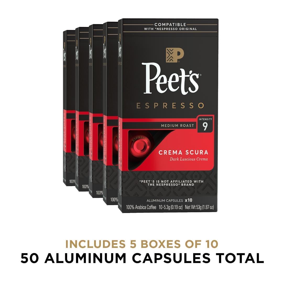 Peet's Coffee, Medium Roast Espresso Capsules, Compatible with Nespresso Original Machine - Crema Scura Intensity 9, 50 Count (5 Boxes of 10 Espresso Capsules)