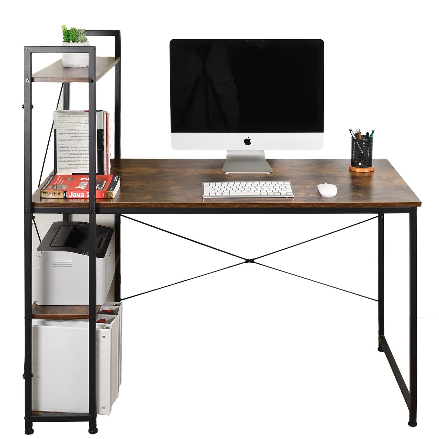 AEONS Computer Study Desk with Storage Shelves, Home Office Desk with Reversible Bookshelf Study Writing Table Corner Desk 47”, Wood & Metal, Space-Saving