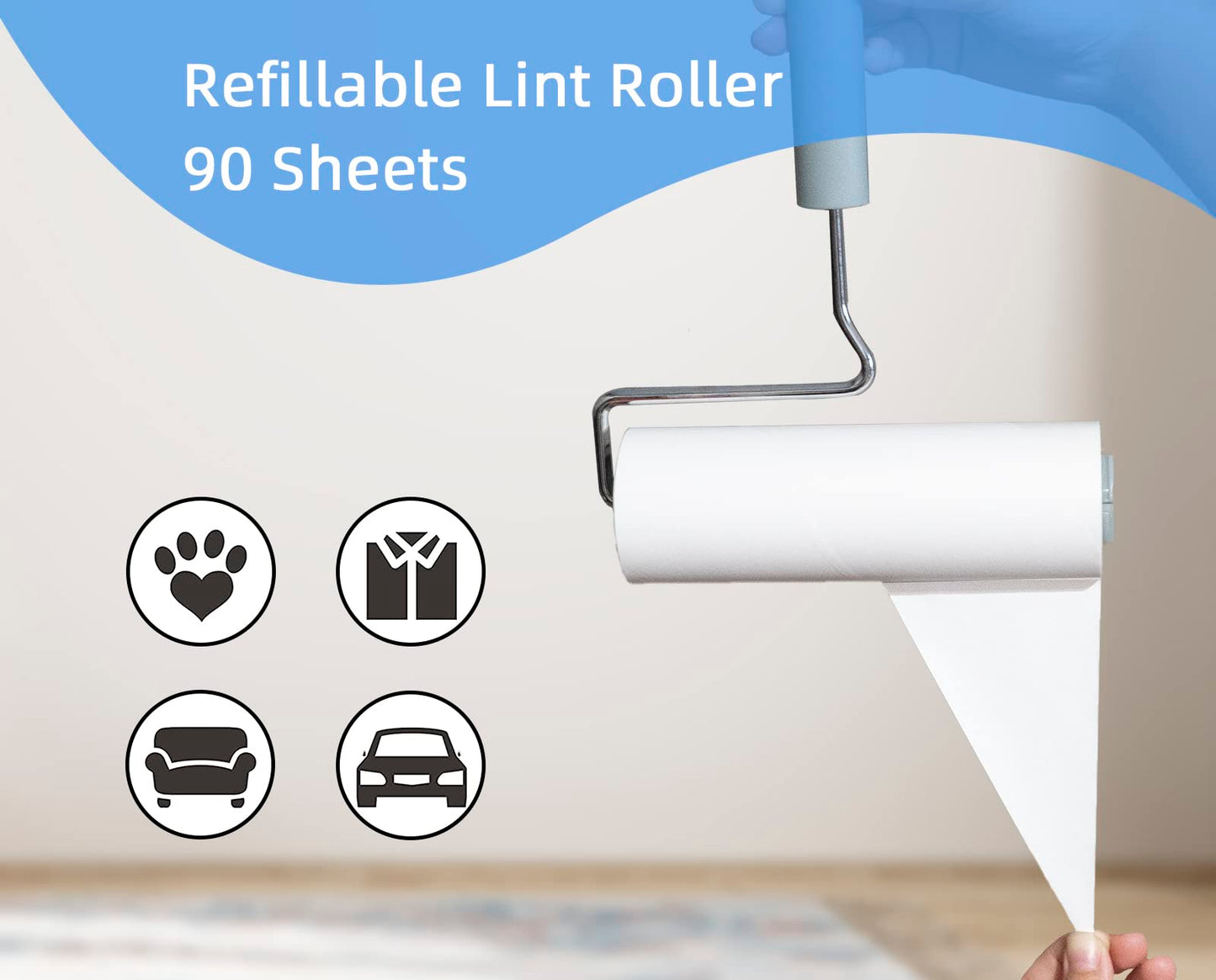 YabeePet Extreme Sticky Large Surface Lint Roller, 6.3'' Giant Pet Hair Remover Roller for Pet Dog Cat Hair, Clothes&Furniture Cleaning, 90 Sheets (1 Roller + 2 Refills)