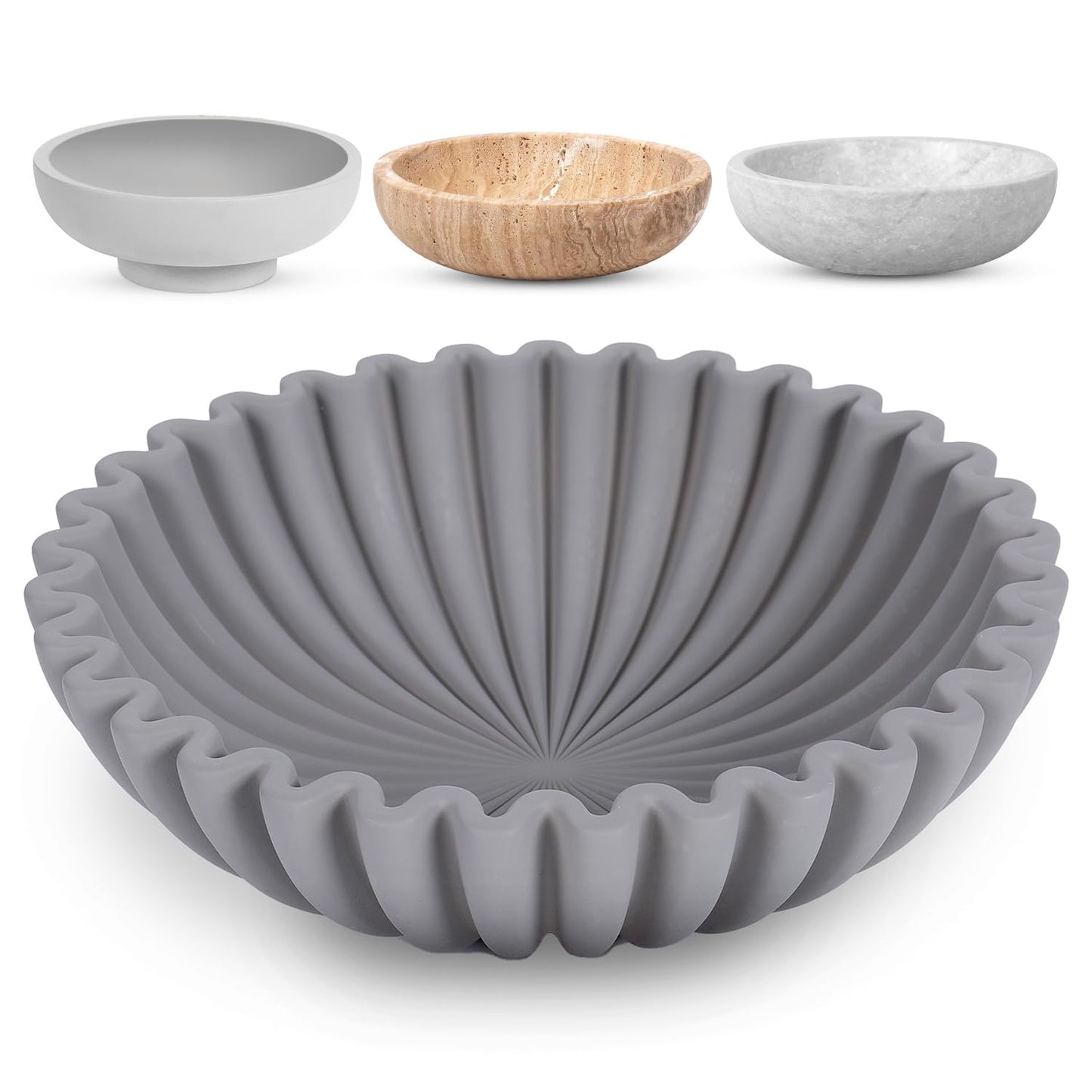 FNTSTICGOODS Large Ruffled Decorative Bowl - 10” Diameter & 3” Height - Handcrafted Concrete Fruit Bowl - Stylish Key Holder for Entry Table