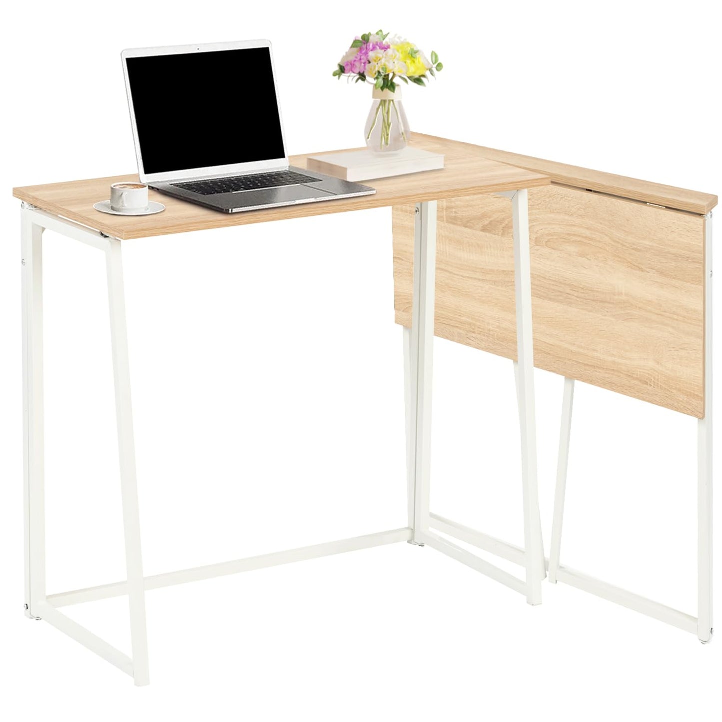 FurnitureR Folding Desk, 31.5 Inches Foldable Simple Laptop Table, Space Saving Computer Study Desk Compact Writing Workstation for Small Space, Light Oak