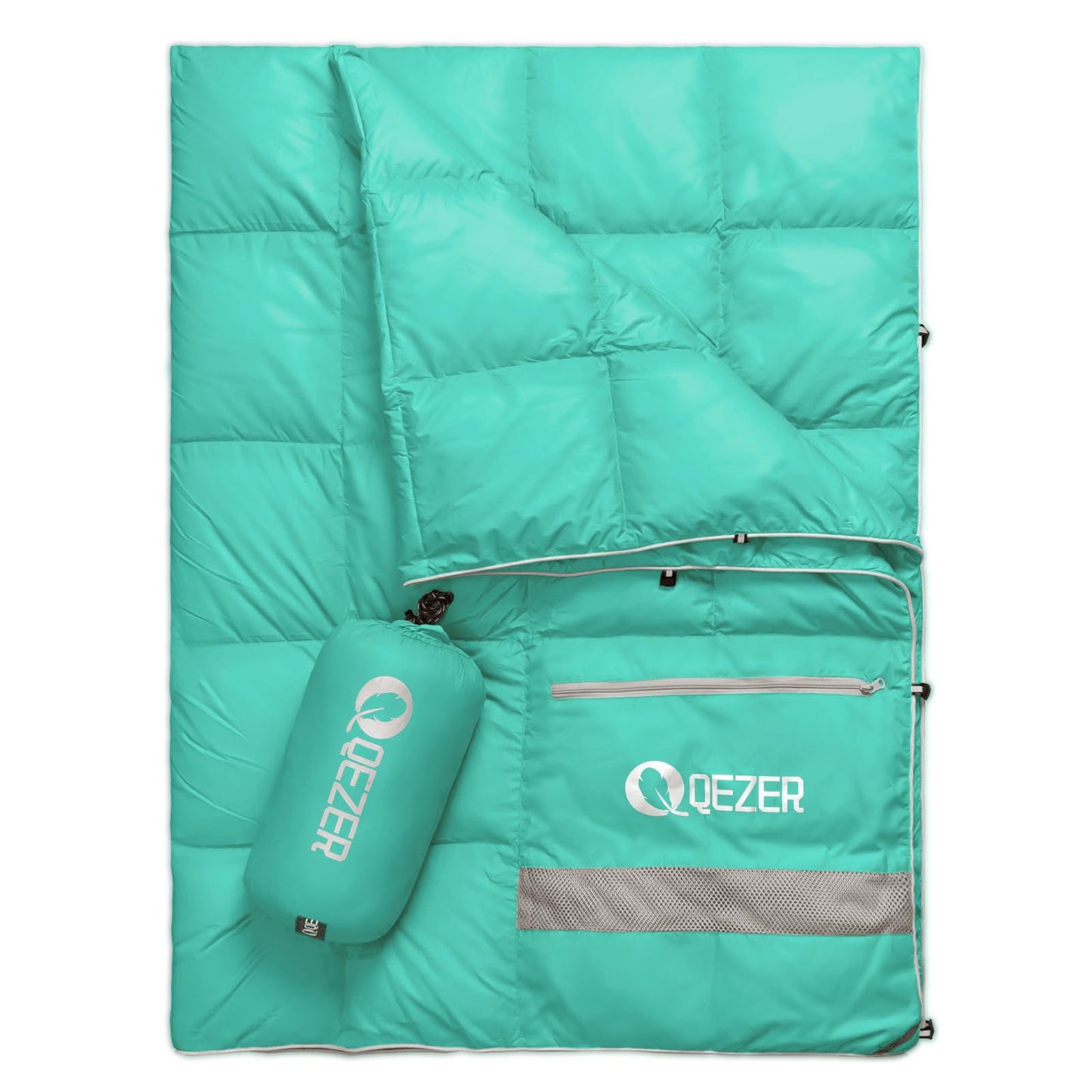 QEZER Down Camping Blanket Packable,600+Fill Power，Multi-Purpose Warm Camping Quilt for Outdoor Camping, Backpacking, and Hiking, 73x53 inches.（Light Green）
