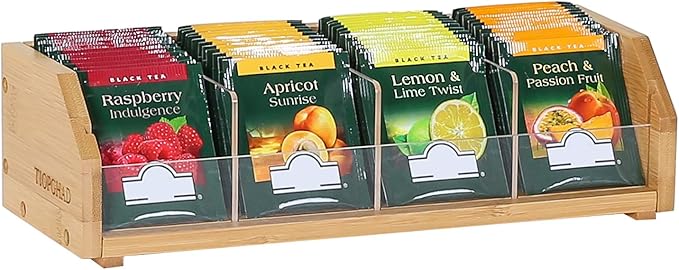 TIOPGHAD Small Bamboo Tea Bag Organizer Storage Holder for Tea Bags Wood Tea Box Containers Tea Rack Teabag Station Stand for Cabinet Countertop Office