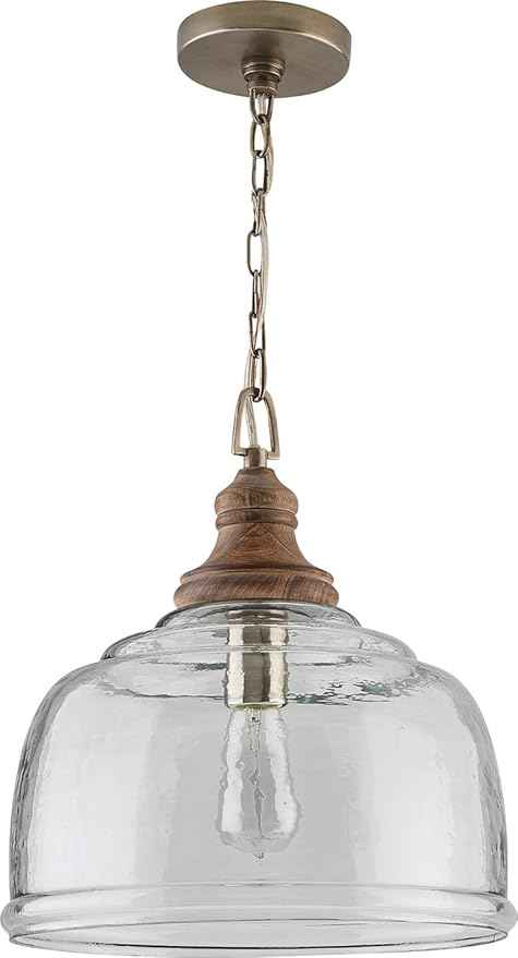 Capital Lighting 330318GY Julian Coastal Style Clear Organic Rippled Glass Pendant with Handcrafted Mango Wood Finial, 1-Light 60 Watt, 16" H x 14" W, Grey Wash
