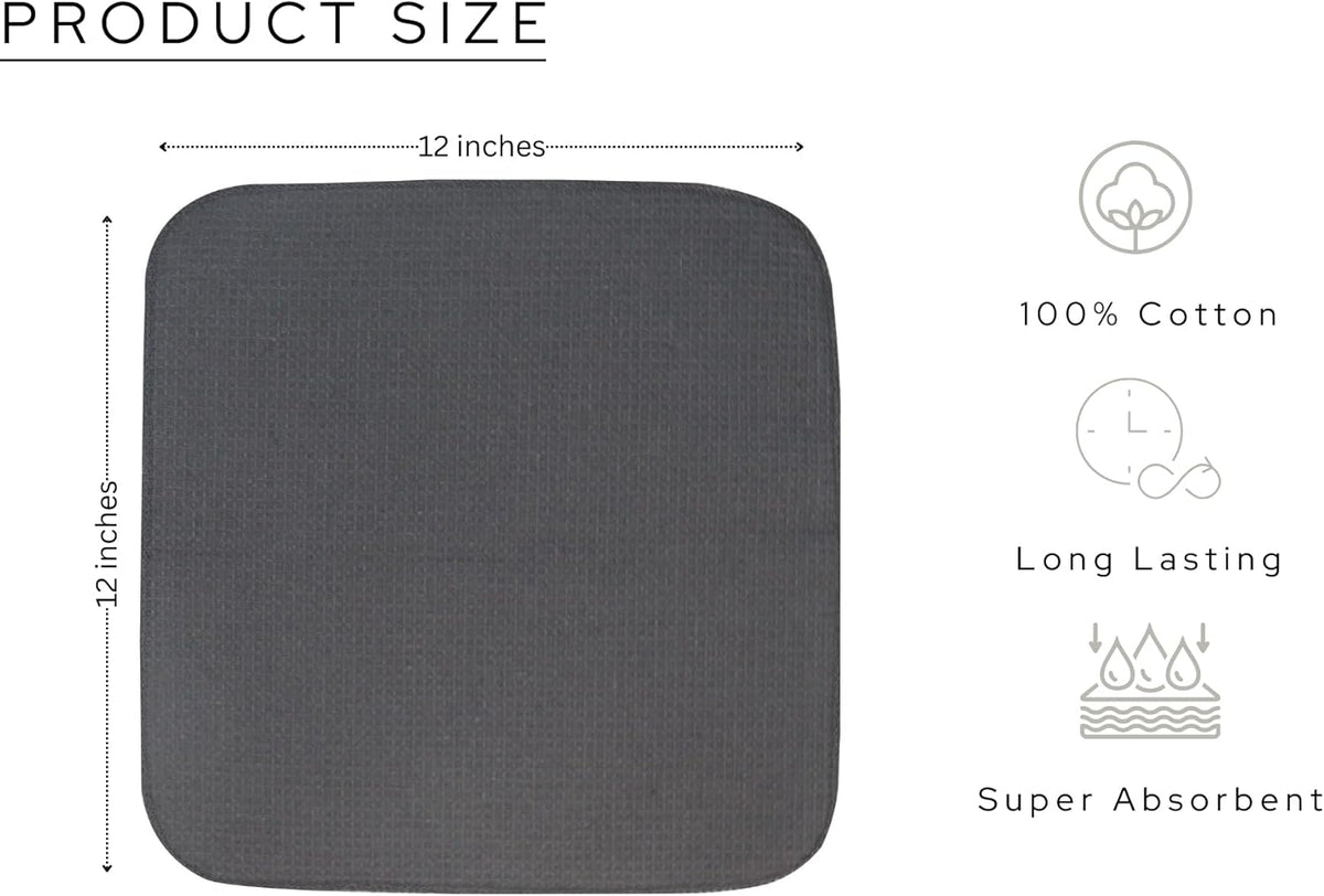 PurpleEssences Dish Cloths and Dish Rags - 8 Pack Waffle Weave Solid Kitchen Dish Wash Cloths, 100% Cotton, 12 x 12 Inches, Ultra Soft Absorbent Quick Drying - Spring Summer - Dark Grey