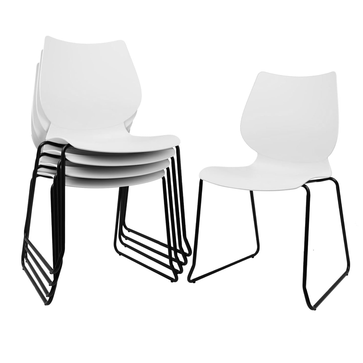 KLASIKA Stacking Chairs, Stackable Waiting Room Chairs, Conference Chair with Back & Church Chairs No Wheels with Metal Legs, Suitable for Offices Conference Training Waiting Room Set of 4, White